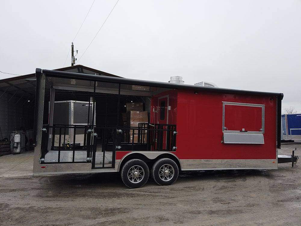 741-8.5-x-24-victory-red-bbq-porch-concession-food-trailer-1.jpg 8.5' x 24' Victory Red BBQ Porch Concession Food Trailer