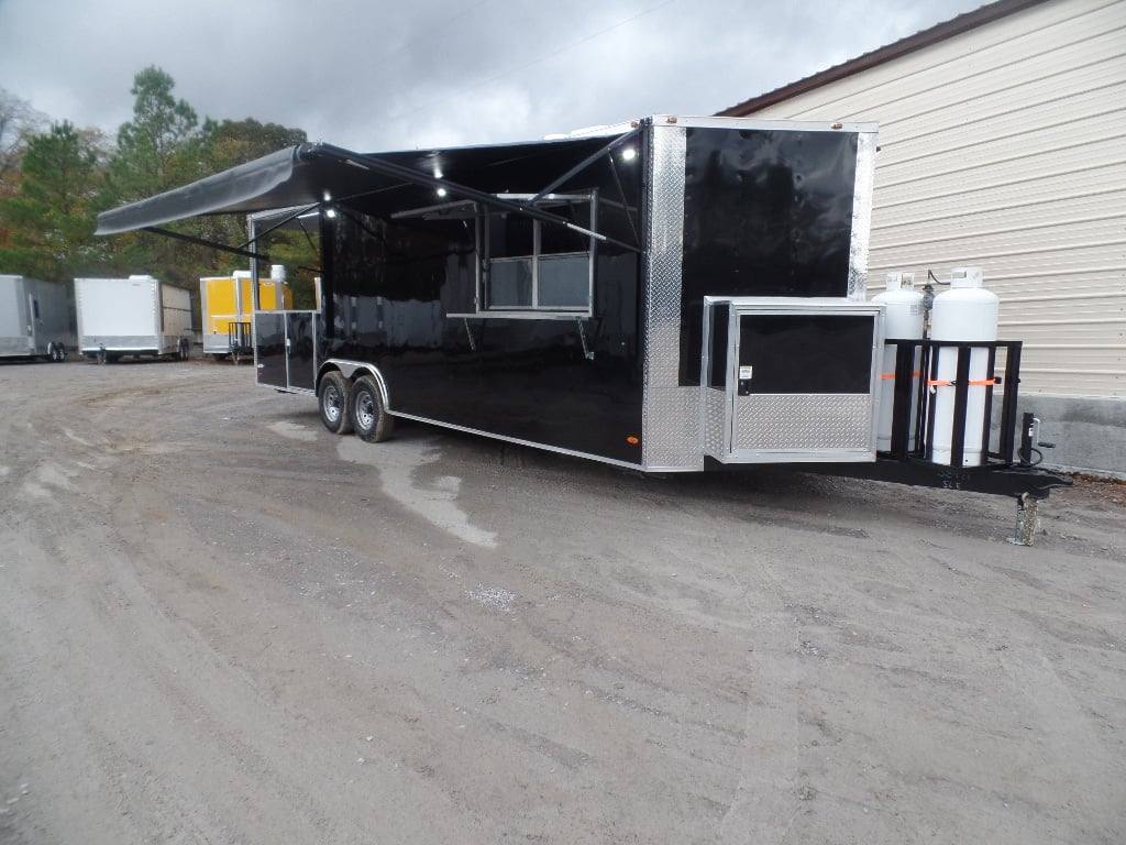 791-8.5-x-26-black-porch-style-concession-food-trailer-with-appliances-1.jpg 8.5' x 26' Black Porch Style Concession Food Trailer With Appliances