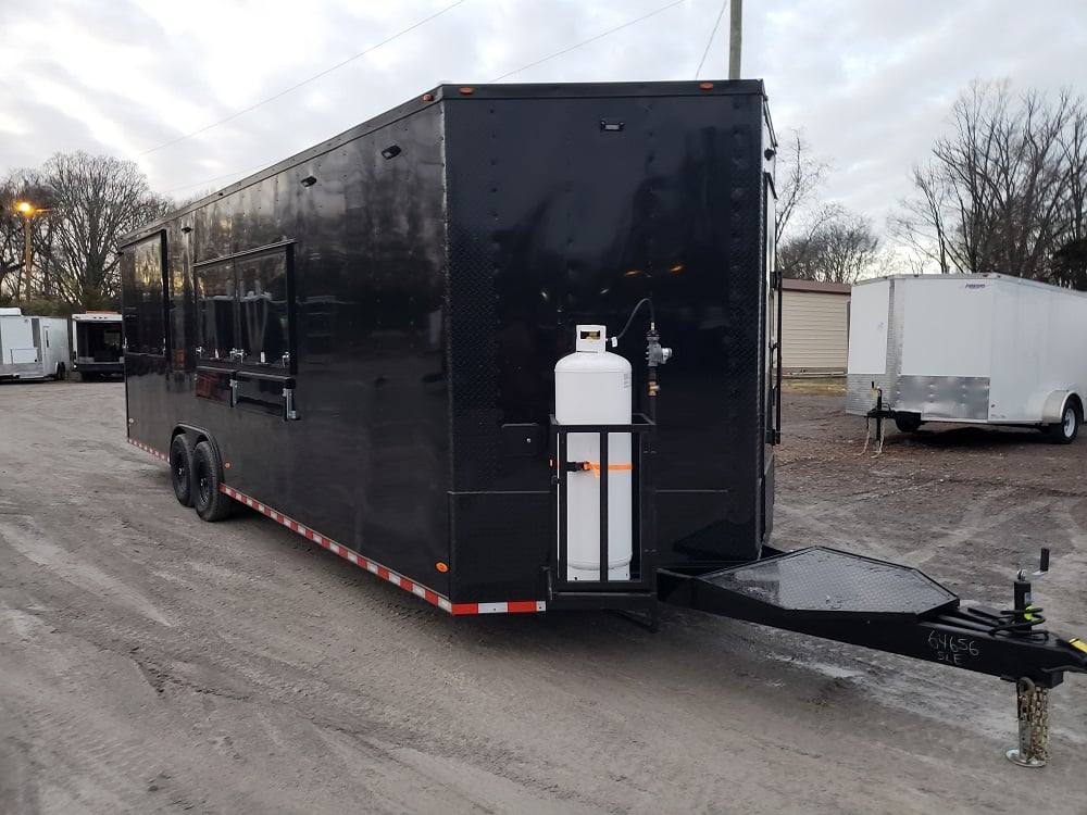 838-8.5-x-28-black-concession-food-trailer-with-restroom-and-appliances-1.jpg 8.5' x 28' Black Concession Food Trailer with Restroom and Appliances