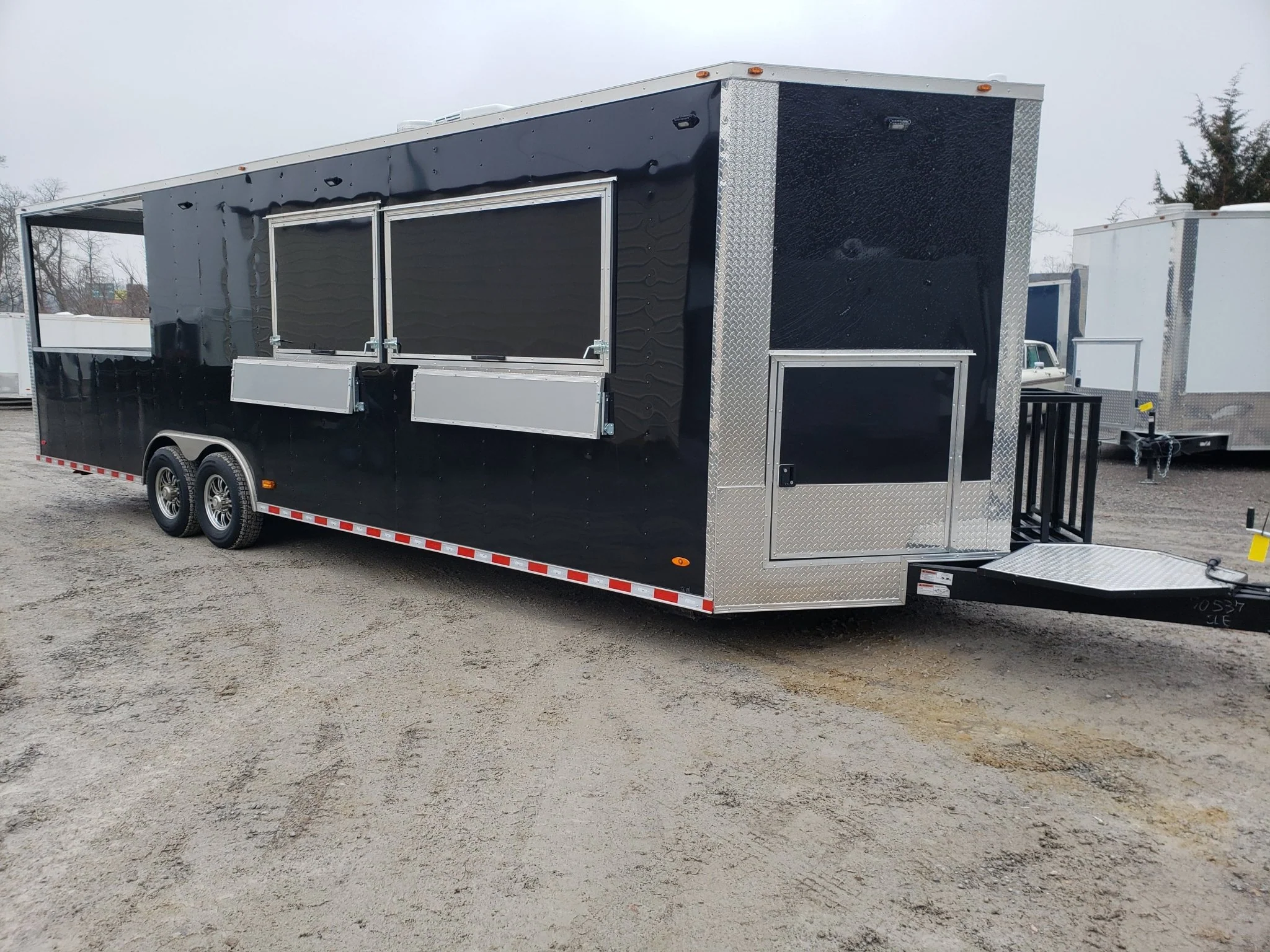 8.5' x 28' Black Porch Style BBQ Vending Concession Trailer