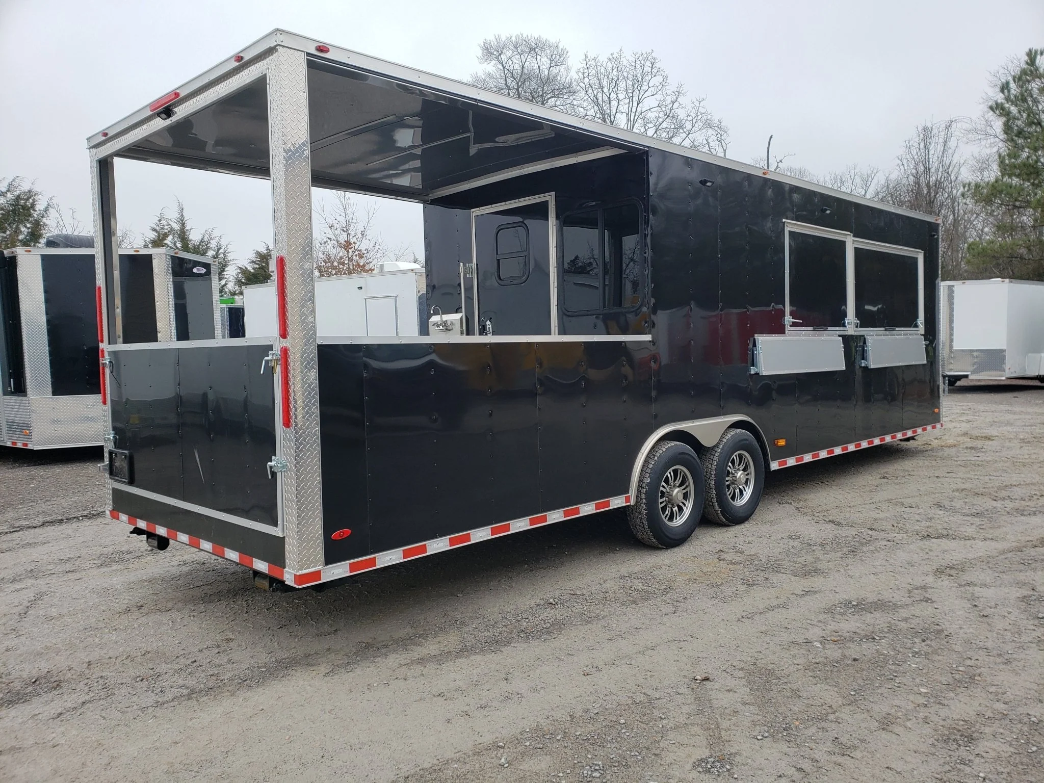 8.5' x 28' Black Porch Style BBQ Vending Concession Trailer