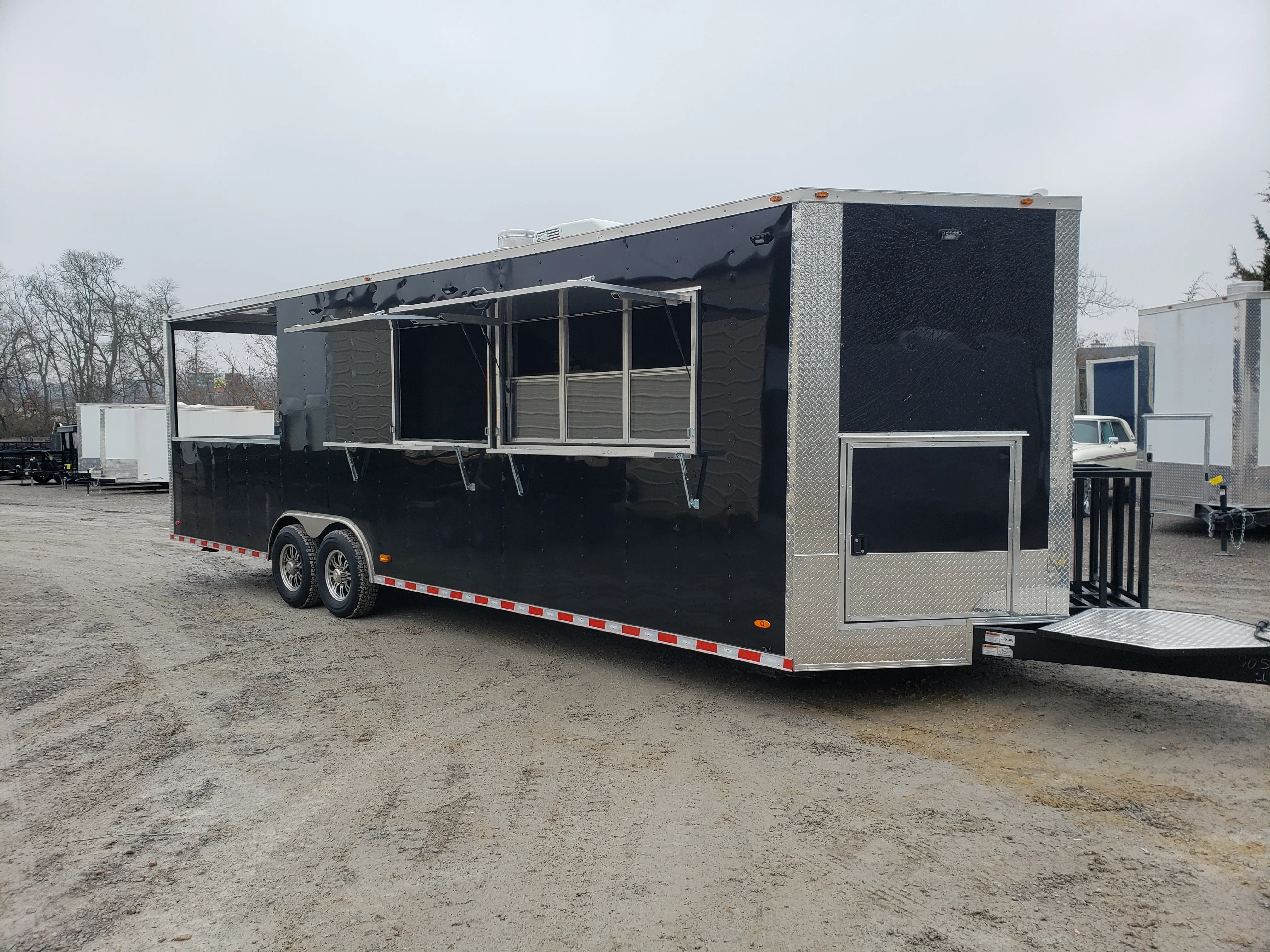 8.5' x 28' Black Porch Style BBQ Vending Concession Trailer