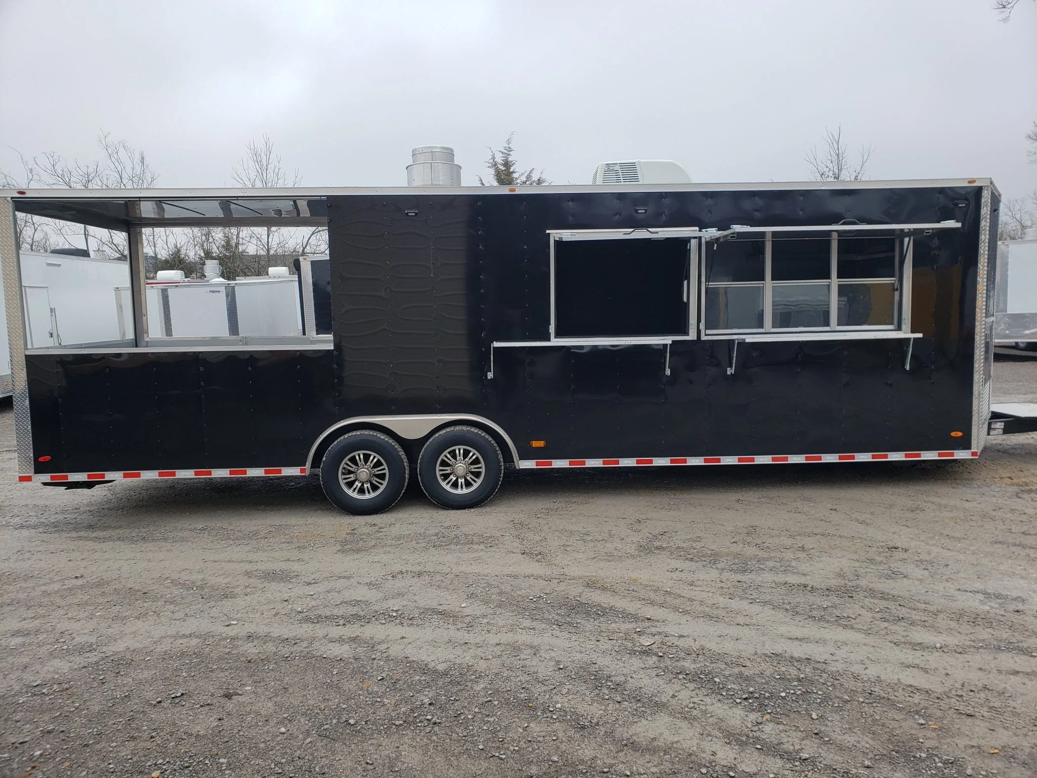 8.5' x 28' Black Porch Style BBQ Vending Concession Trailer