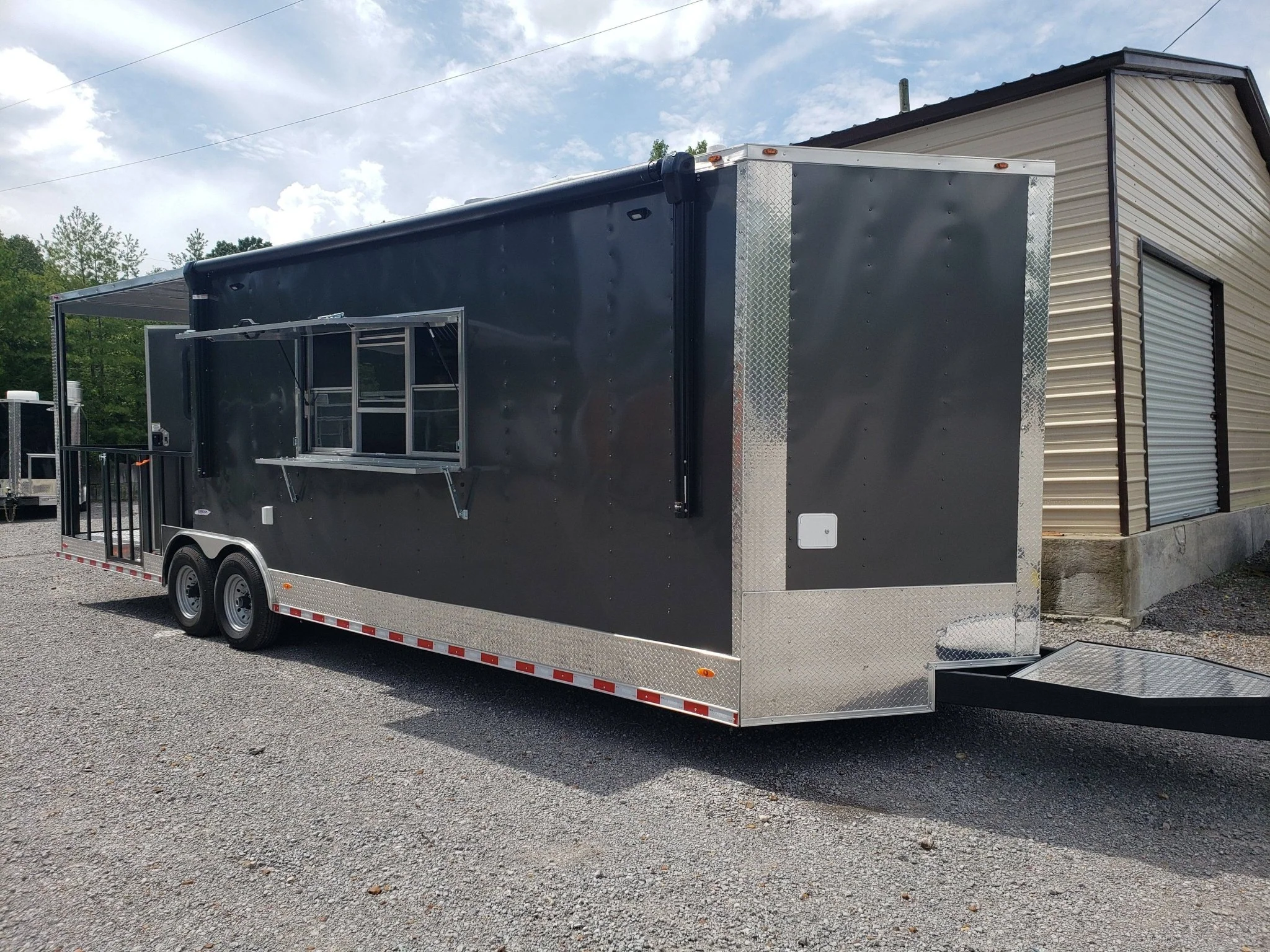 845-8.5-x-28-charcoal-gray-bbq-porch-concession-food-trailer-with-restroom-and-appliances-1.webp 8.5' x 28' Charcoal Gray BBQ Porch Concession Food Trailer with Restroom And Appliances