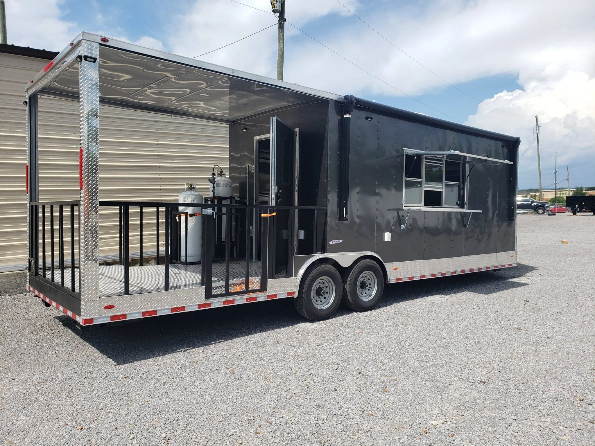 845-8.5-x-28-charcoal-gray-bbq-porch-concession-food-trailer-with-restroom-and-appliances-13.webp 8.5' x 28' Charcoal Gray BBQ Porch Concession Food Trailer with Restroom And Appliances