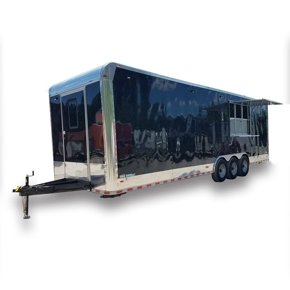 871-8.5-x-30-black-flat-nose-w-header-cap-concession-food-trailer-1.jpg 8.5' x 30' Black Flat Nose w/ Header Cap Concession Food Trailer
