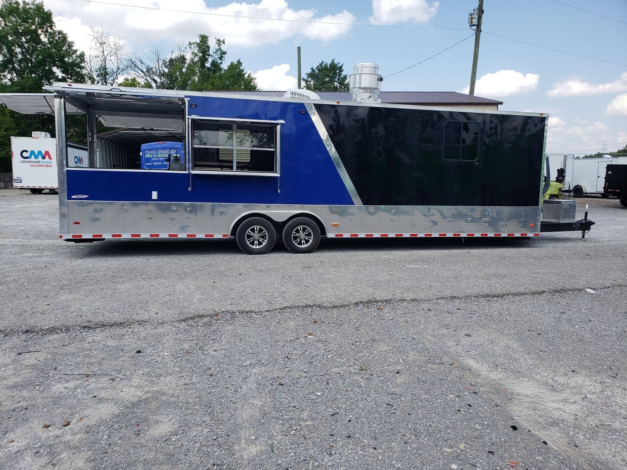 872-8.5-x-30-black-and-cobalt-blue-bbq-porch-concession-trailer-2.jpg 8.5' x 30' Black and Cobalt Blue BBQ Porch Concession Trailer