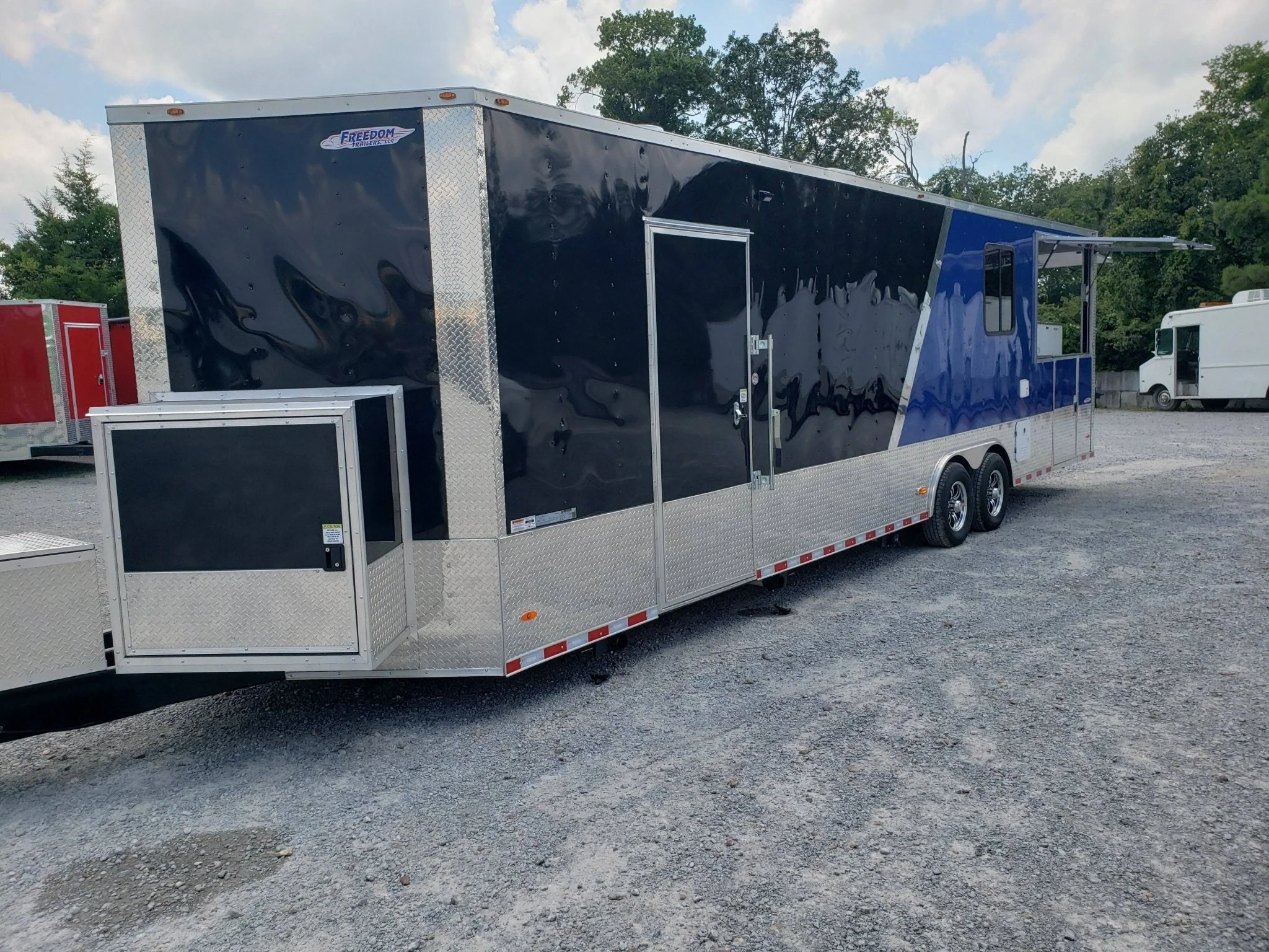 872-8.5-x-30-black-and-cobalt-blue-bbq-porch-concession-trailer-4.webp 8.5' x 30' Black and Cobalt Blue BBQ Porch Concession Trailer