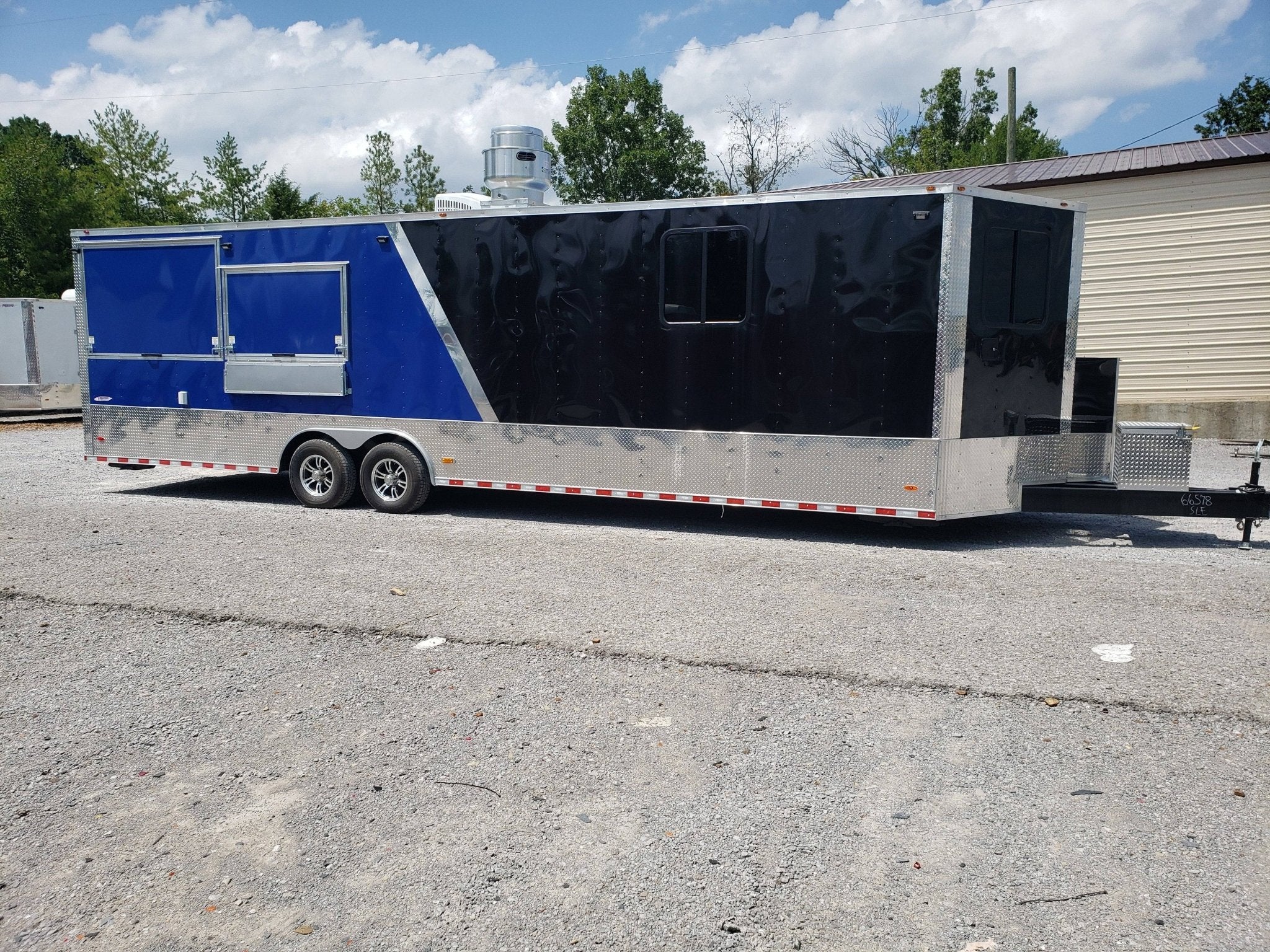 873-8.5-x-30-black-and-cobalt-blue-bbq-porch-style-concession-trailer-10.jpg 8.5' x 30' Black and Cobalt Blue BBQ Porch Style Concession Trailer