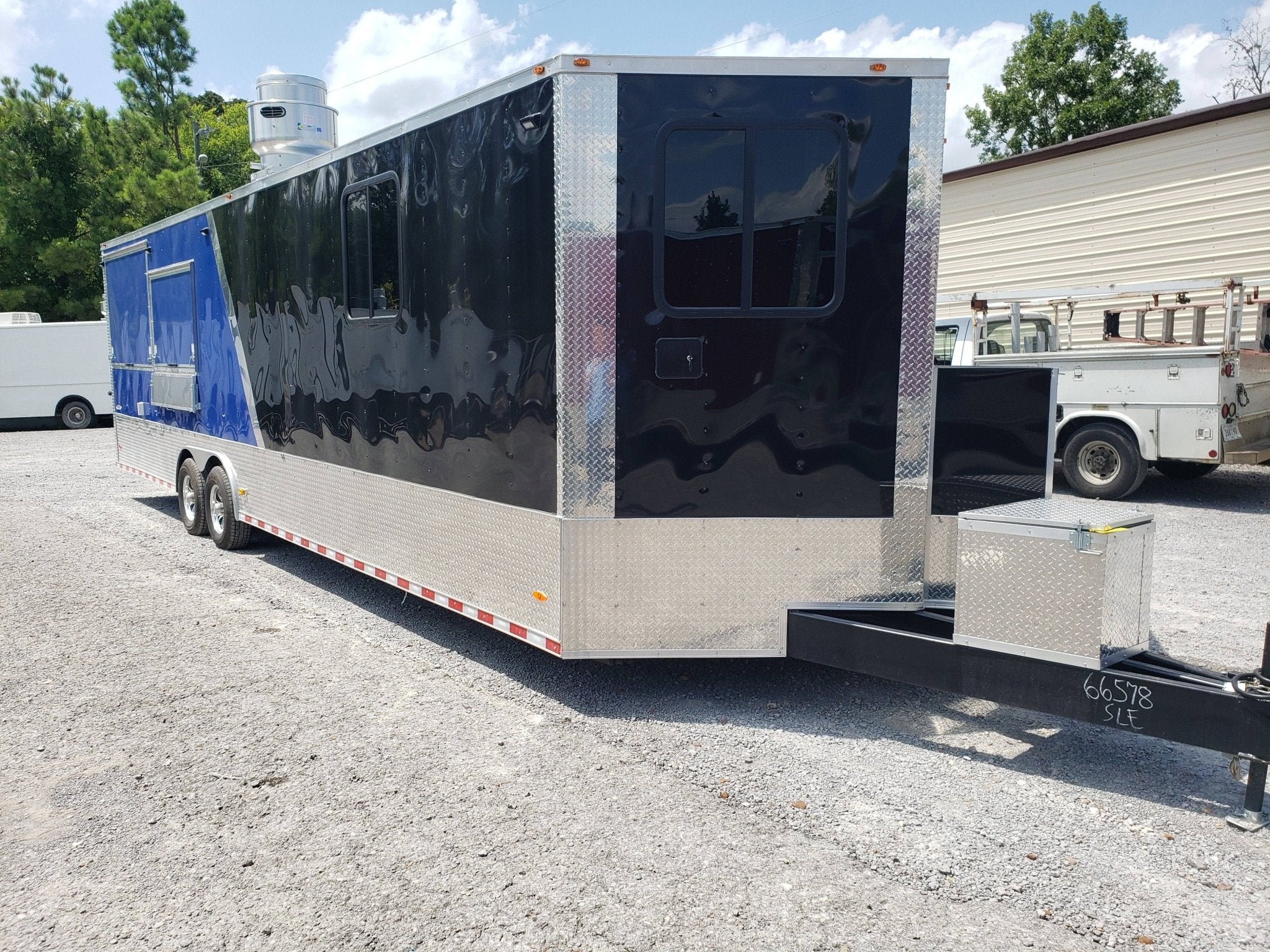 873-8.5-x-30-black-and-cobalt-blue-bbq-porch-style-concession-trailer-22.jpg 8.5' x 30' Black and Cobalt Blue BBQ Porch Style Concession Trailer