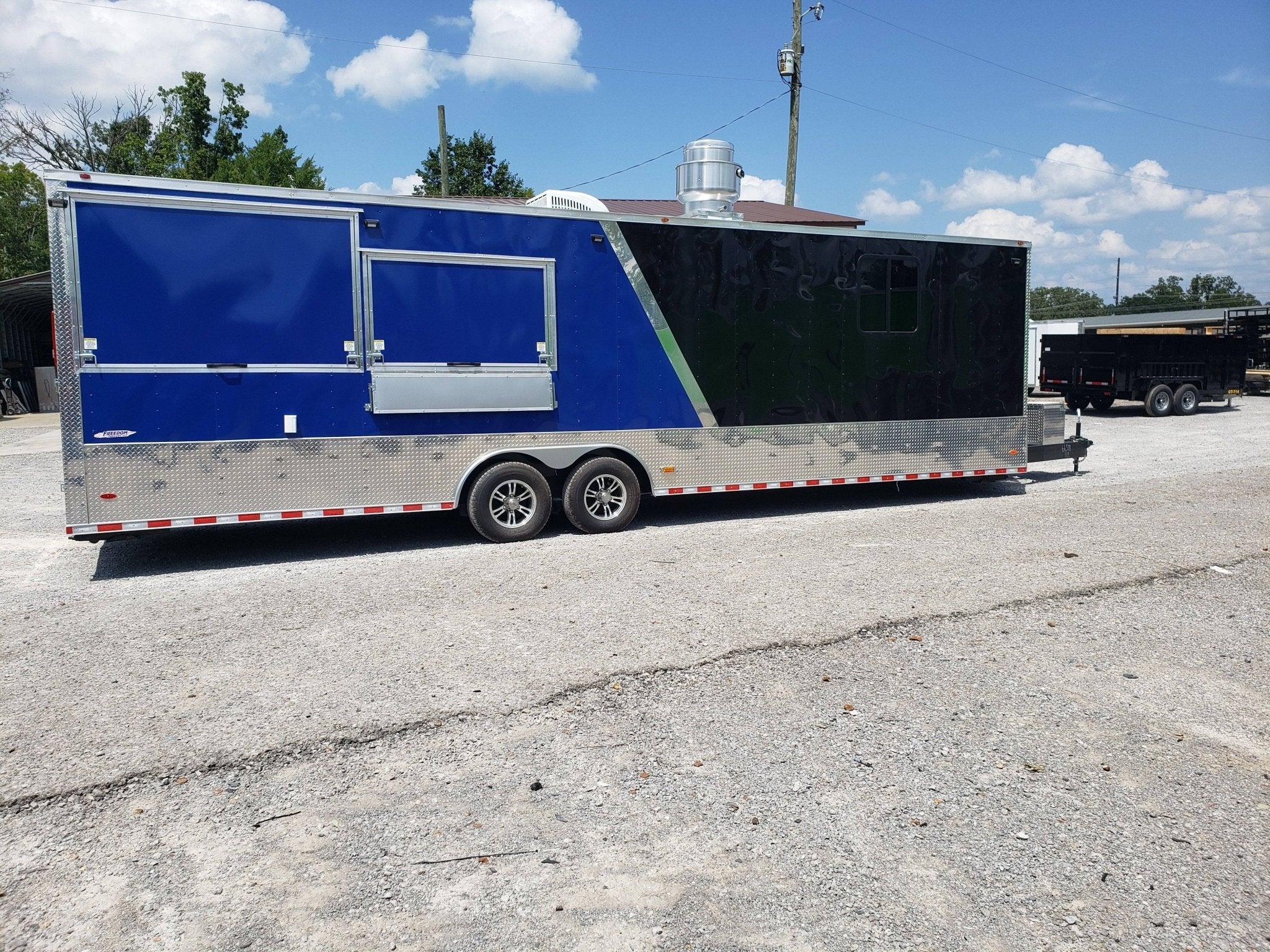 873-8.5-x-30-black-and-cobalt-blue-bbq-porch-style-concession-trailer-32.jpg 8.5' x 30' Black and Cobalt Blue BBQ Porch Style Concession Trailer