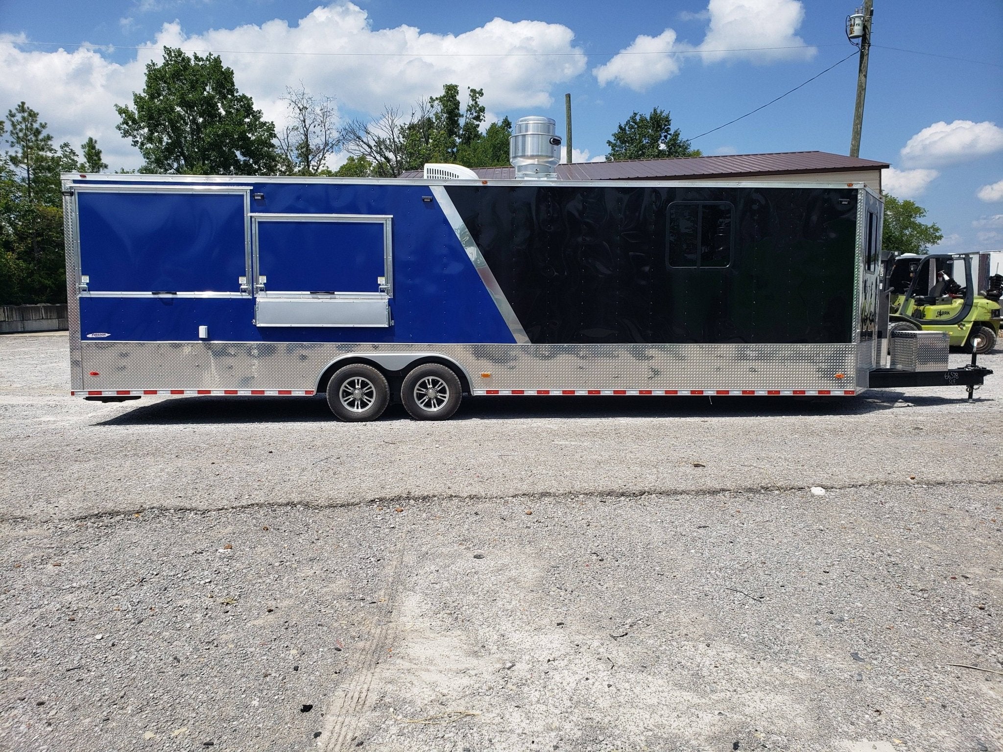 873-8.5-x-30-black-and-cobalt-blue-bbq-porch-style-concession-trailer-9.jpg 8.5' x 30' Black and Cobalt Blue BBQ Porch Style Concession Trailer