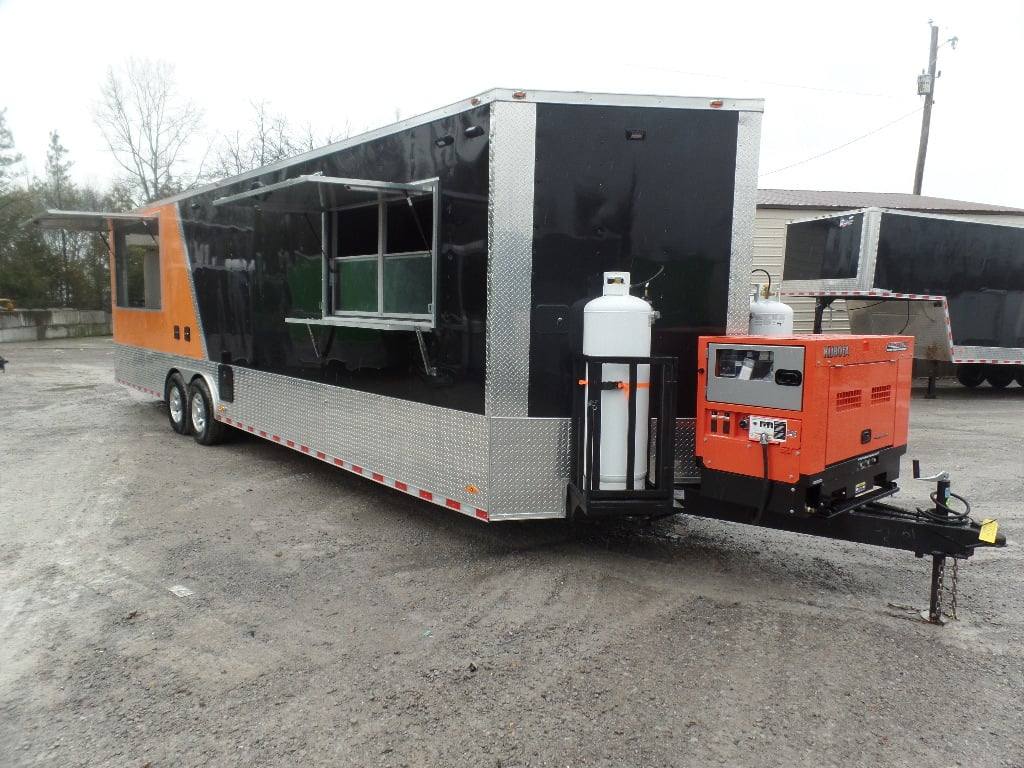874-8.5-x-30-black-and-orange-porch-style-concession-food-trailer-with-restroom-1.jpg 8.5' x 30' Black and Orange Porch Style Concession Food Trailer with Restroom