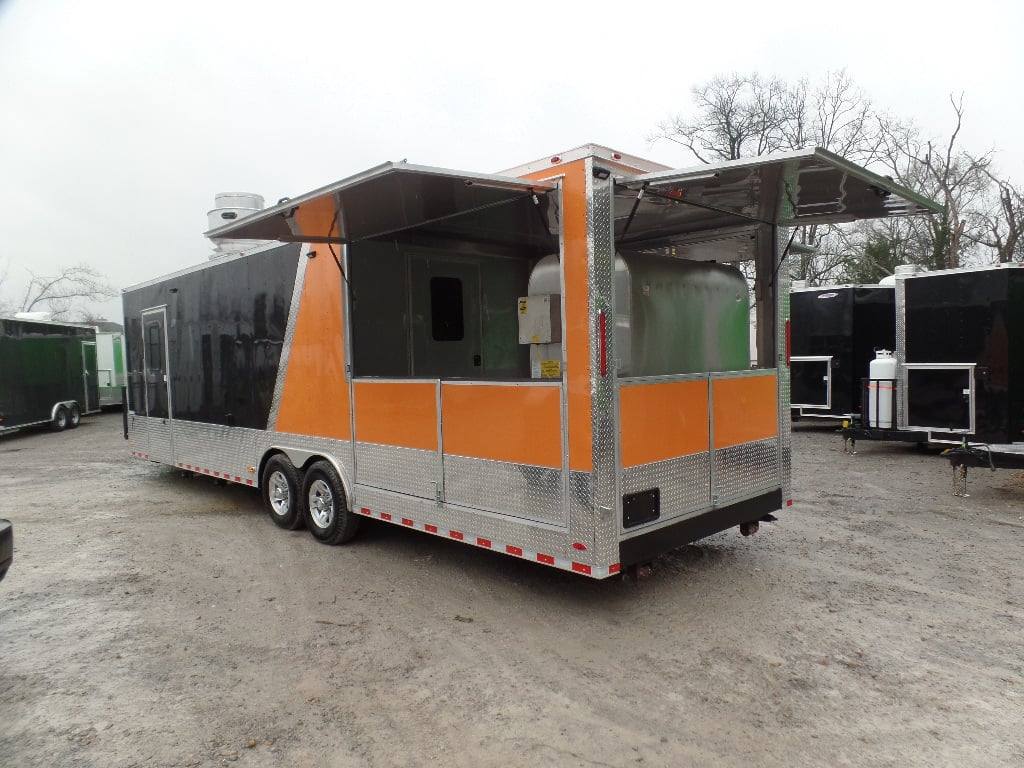 874-8.5-x-30-black-and-orange-porch-style-concession-food-trailer-with-restroom-10.jpg 8.5' x 30' Black and Orange Porch Style Concession Food Trailer with Restroom