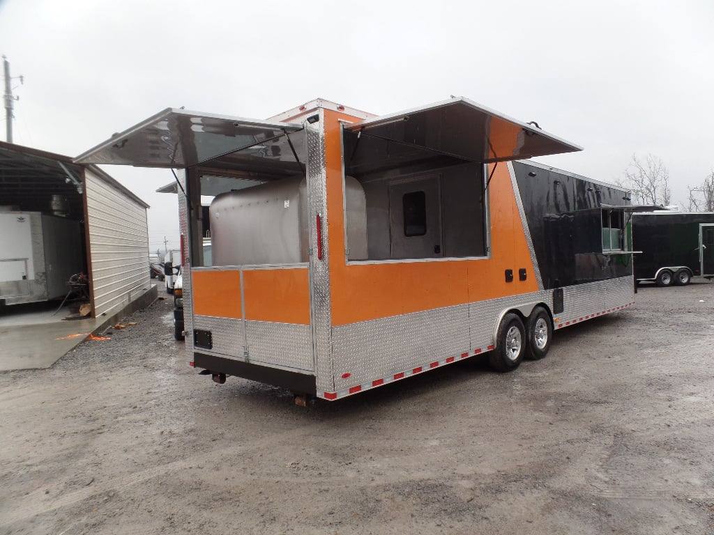 874-8.5-x-30-black-and-orange-porch-style-concession-food-trailer-with-restroom-28.jpg 8.5' x 30' Black and Orange Porch Style Concession Food Trailer with Restroom