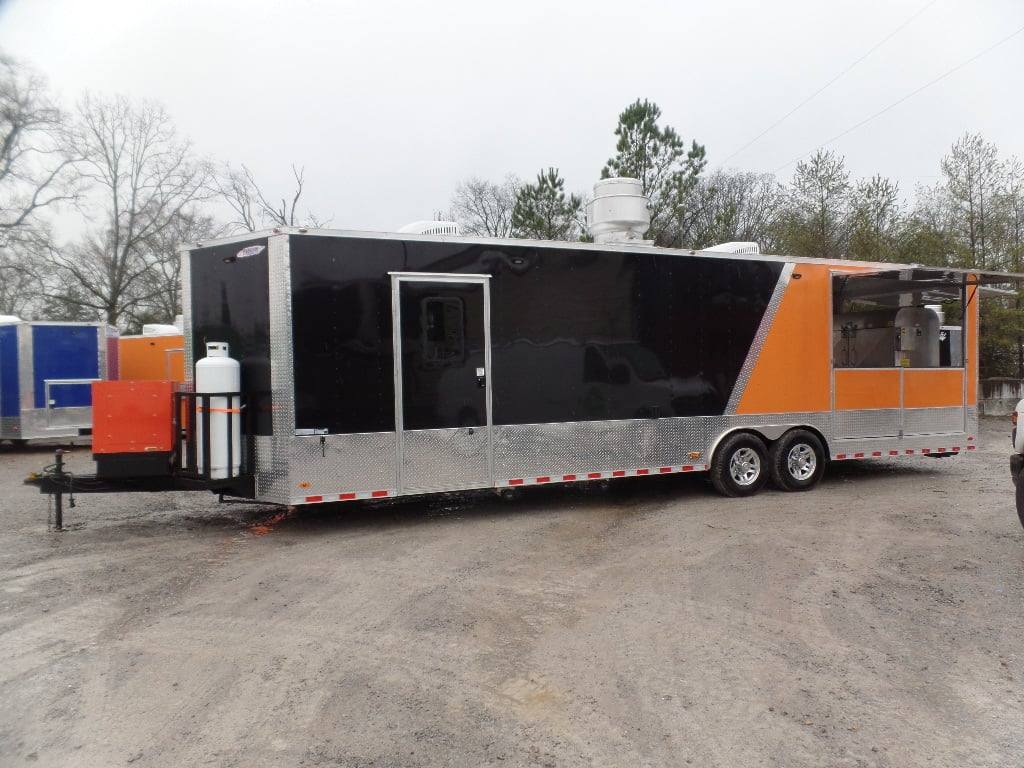 874-8.5-x-30-black-and-orange-porch-style-concession-food-trailer-with-restroom-3.jpg 8.5' x 30' Black and Orange Porch Style Concession Food Trailer with Restroom