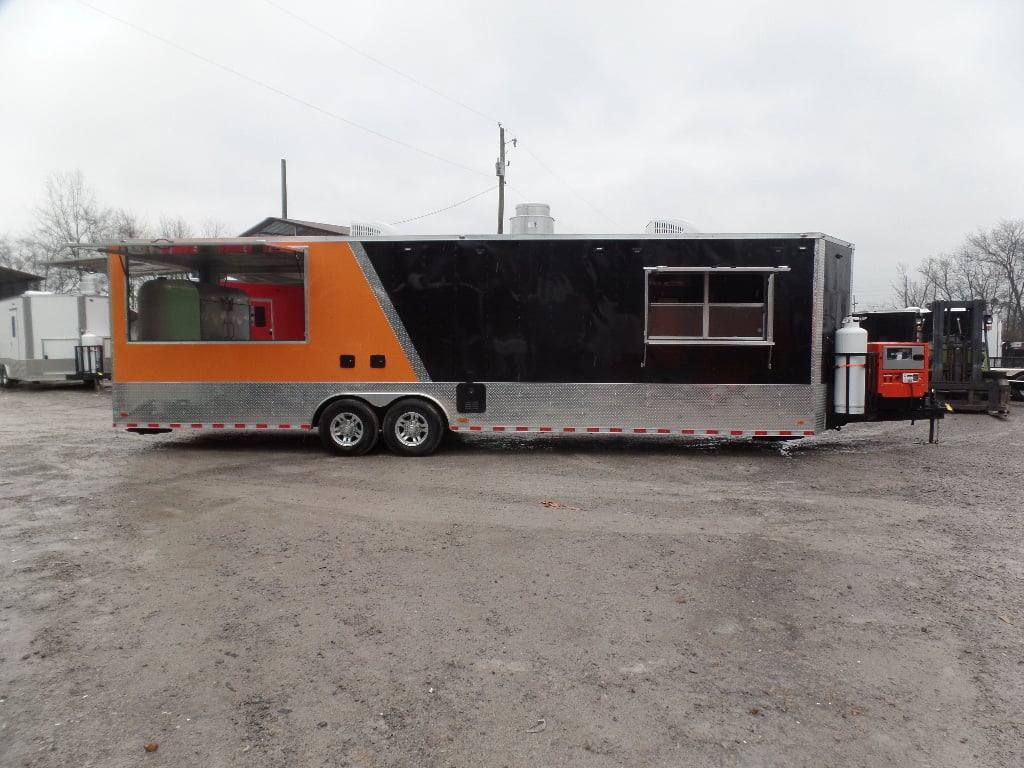 875-8.5-x-30-black-and-orange-porch-style-concession-trailer-with-restroom-and-appliances-1.jpg 8.5' x 30' Black and Orange Porch Style Concession Trailer with Restroom and Appliances