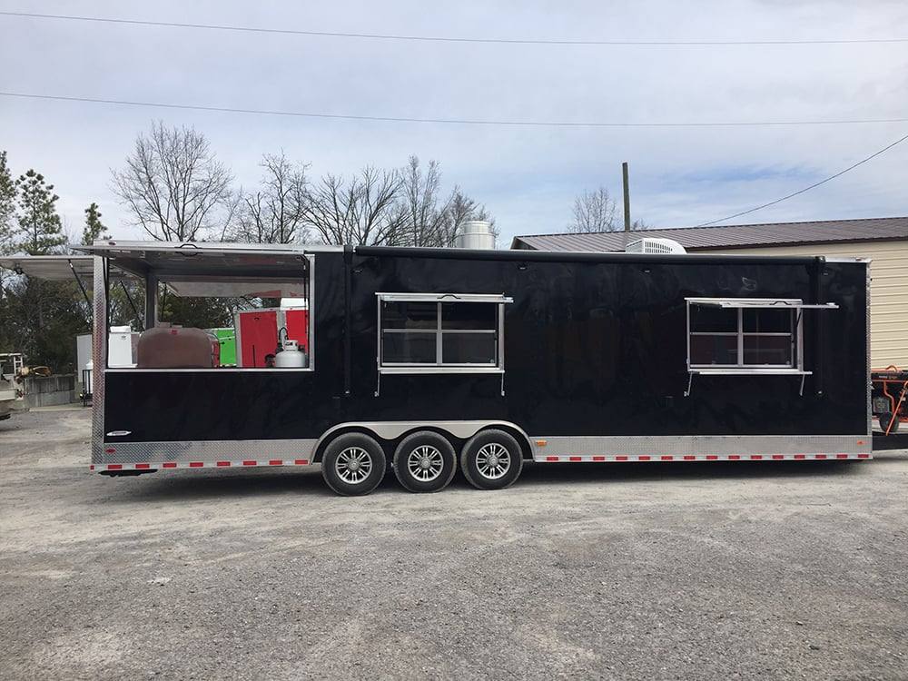 927-8.5-x-32-black-bbq-porch-concession-food-trailer-with-restroom-and-appliances-1.jpg 8.5' x 32' Black BBQ Porch Concession Food Trailer with Restroom and Appliances