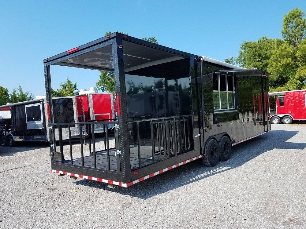 928-8.5-x-32-black-on-black-bbq-porch-concession-food-trailer-1.jpg 8.5' x 32' Black on Black BBQ Porch Concession Food Trailer