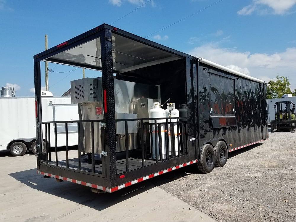 929-8.5-x-32-black-on-black-bbq-porch-concession-food-trailer-with-appliances-1.jpg 8.5' x 32' Black on Black BBQ Porch Concession Food Trailer With Appliances
