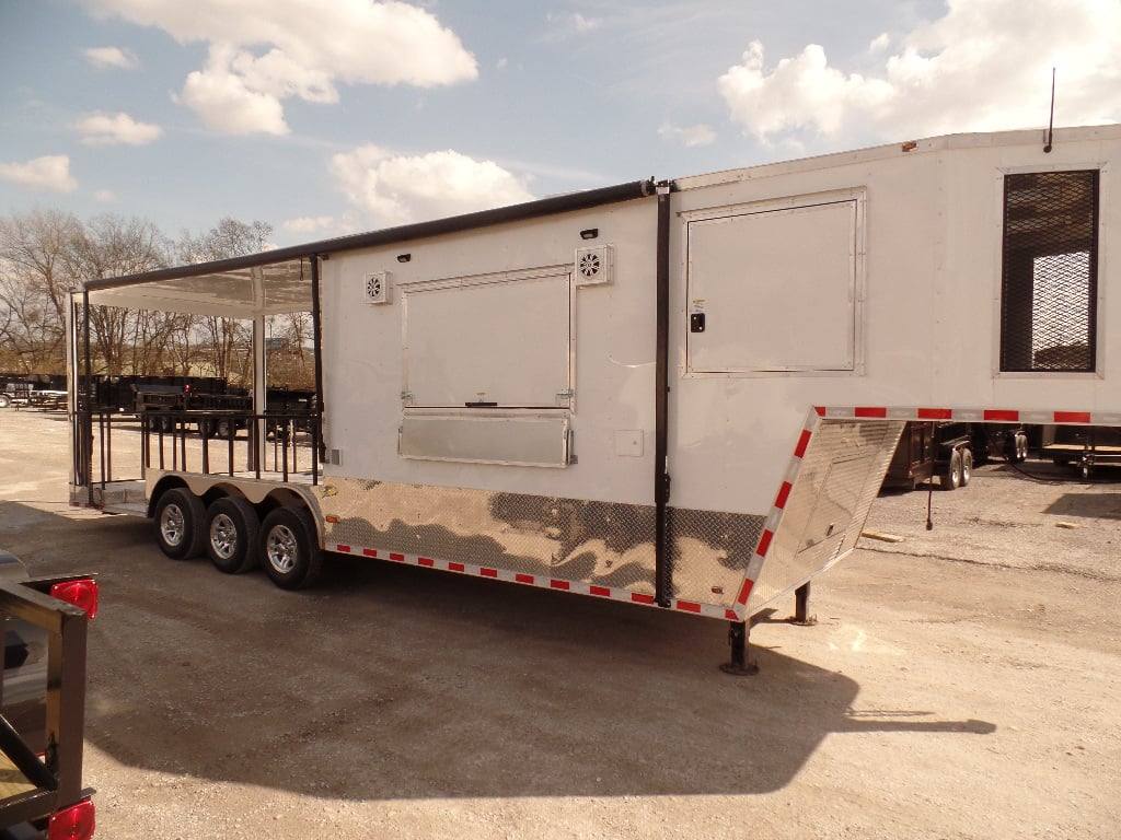 952-8.5-x-34-goose-neck-white-bbq-concession-food-trailer-1.jpg 8.5' x 34' Goose-neck White BBQ Concession Food Trailer
