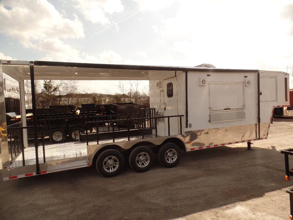 952-8.5-x-34-goose-neck-white-bbq-concession-food-trailer-4.jpg 8.5' x 34' Goose-neck White BBQ Concession Food Trailer