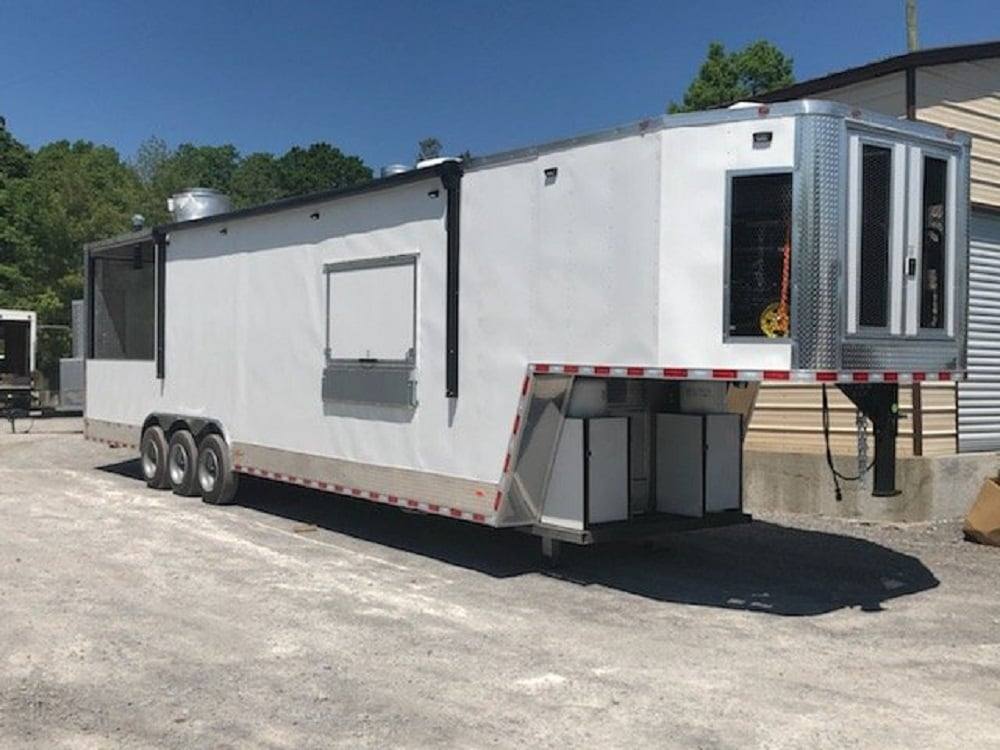 972-8.5-x-40-white-bbq-gooseneck-concession-food-trailer-with-appliances-1.jpg 8.5' x 40' White BBQ Gooseneck Concession Food Trailer with Appliances