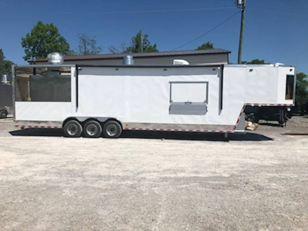972-8.5-x-40-white-bbq-gooseneck-concession-food-trailer-with-appliances-2.webp 8.5' x 40' White BBQ Gooseneck Concession Food Trailer with Appliances