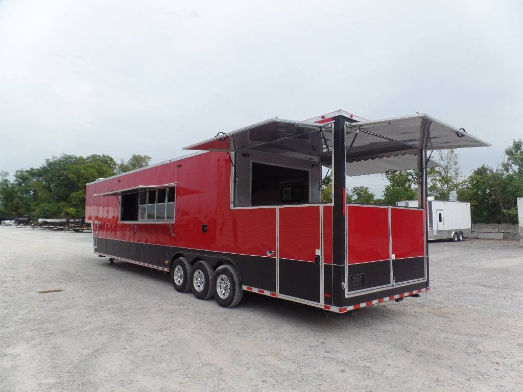 984-8.5-x-45-red-gooseneck-concession-bbq-food-trailer-1.jpg 8.5' x 45' Red Gooseneck Concession BBQ Food Trailer